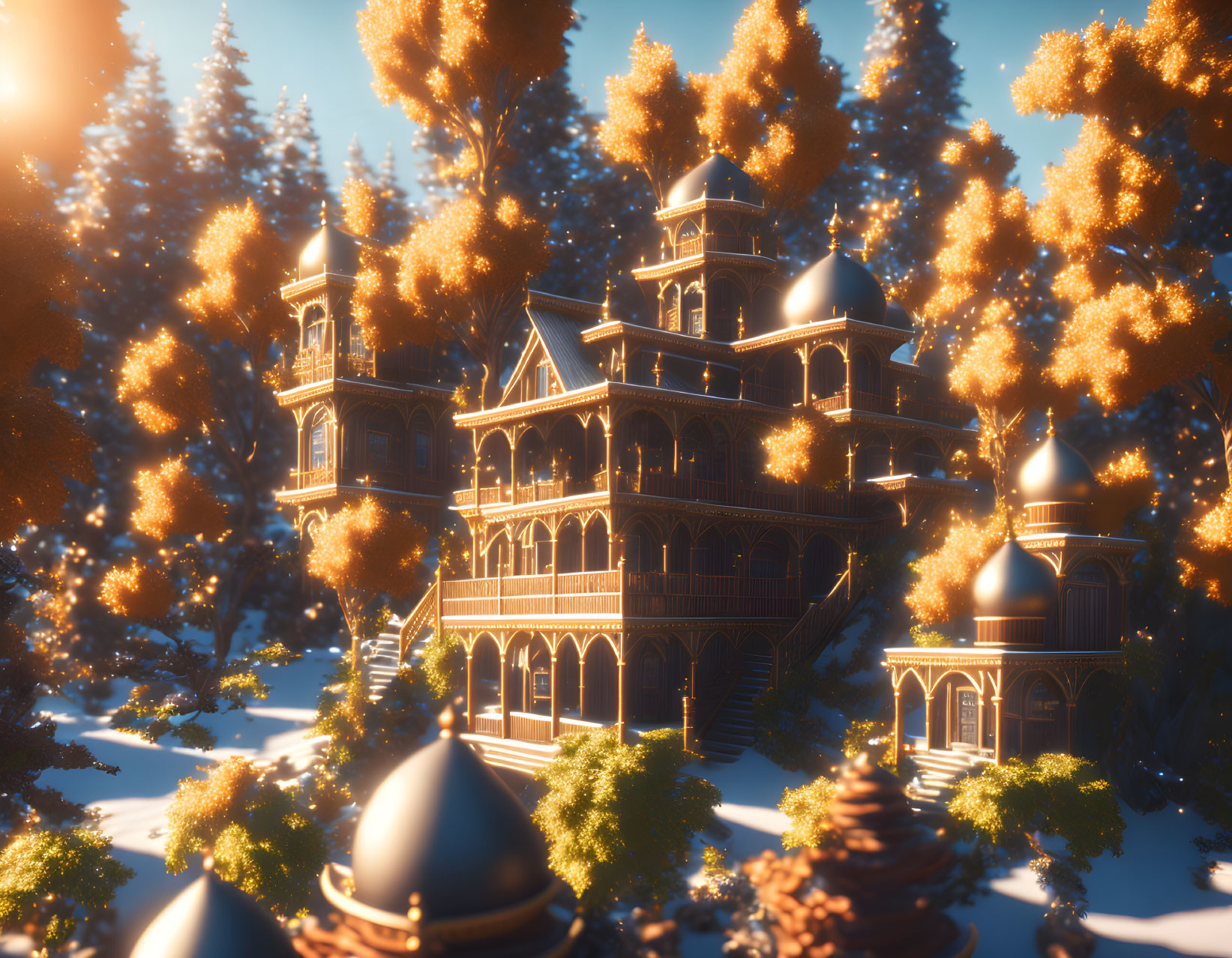 Wooden mansion surrounded by snowy pines and golden leaves in soft sunlight