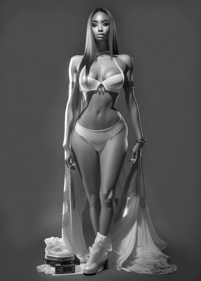 Monochrome image of woman in two-piece outfit with sheer drapery, holding chain on platform next