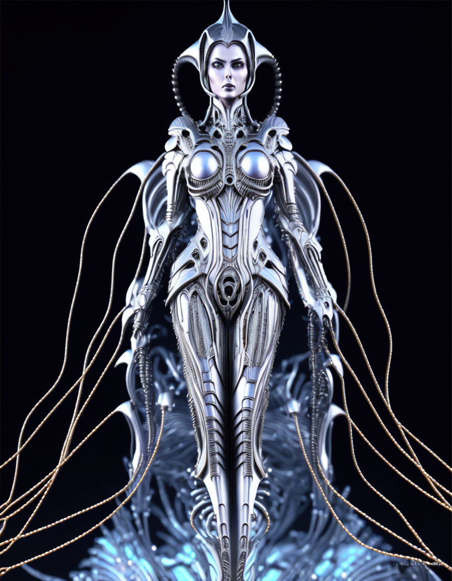 Detailed female cyborg illustration with futuristic armor design