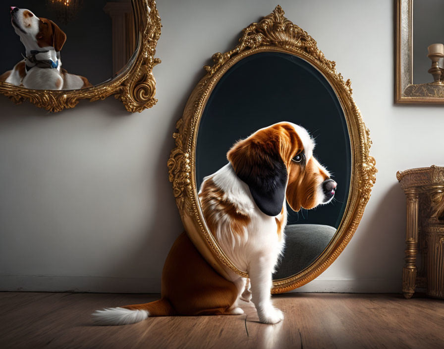 Beagle reflected in ornate mirror, creating illusion of wearing suit