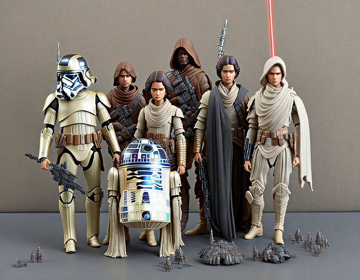 Assorted Star Wars action figures with Rey, Kylo Ren, Stormtroopers, and more in