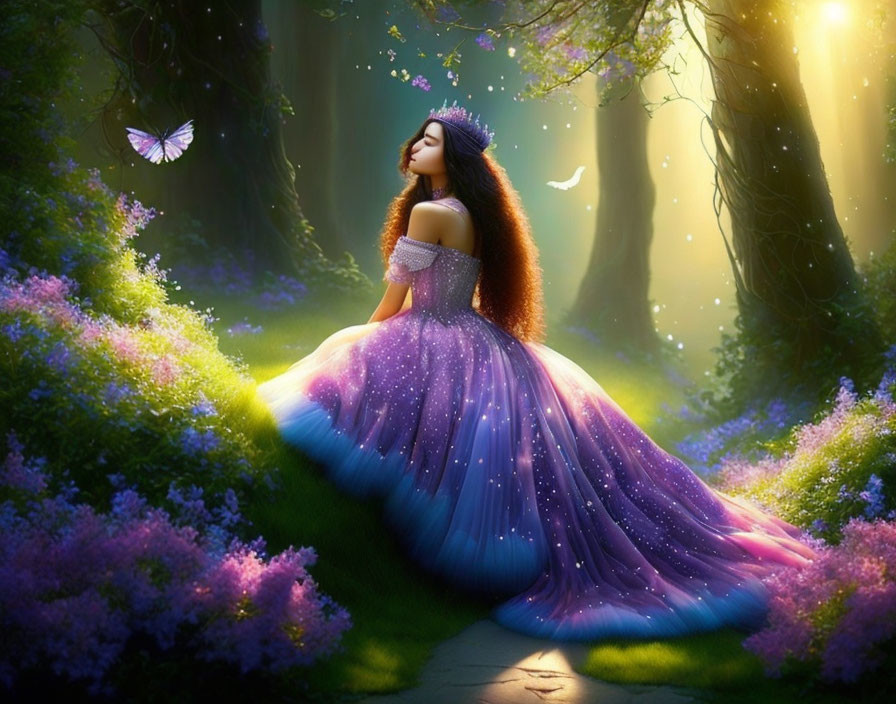 Woman in Purple Gown Amid Blooming Forest Path