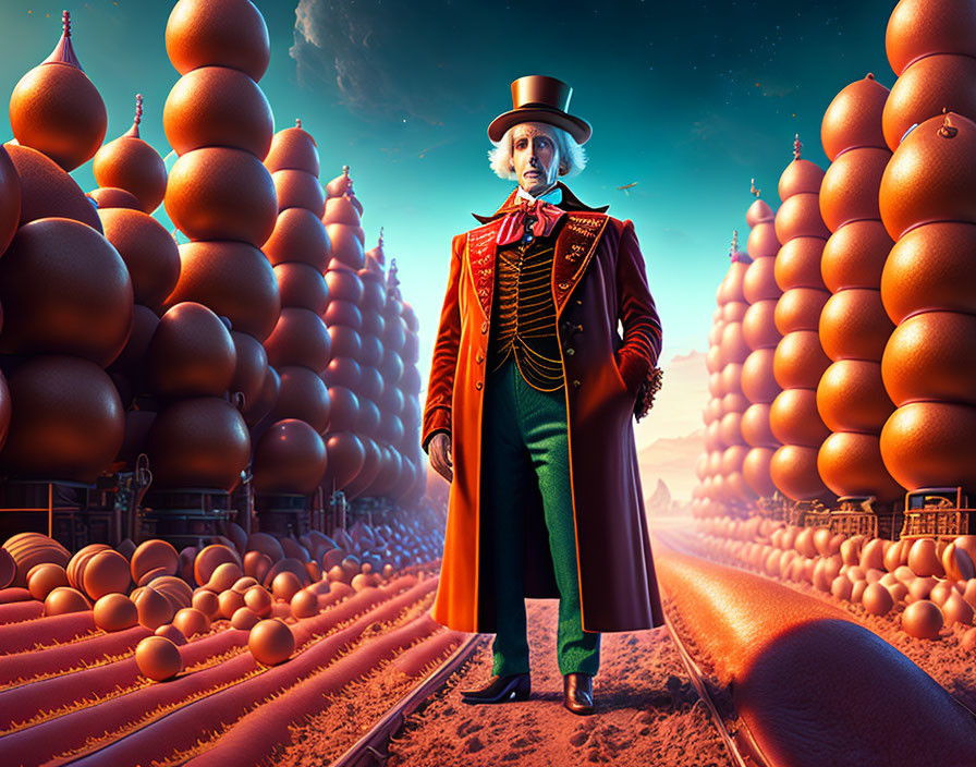 Ringmaster-like Figure Surrounded by Oversized Orange Baubles