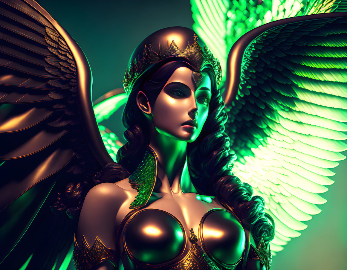 Fantastical female figure with green wings, crown, and armor in digital art.