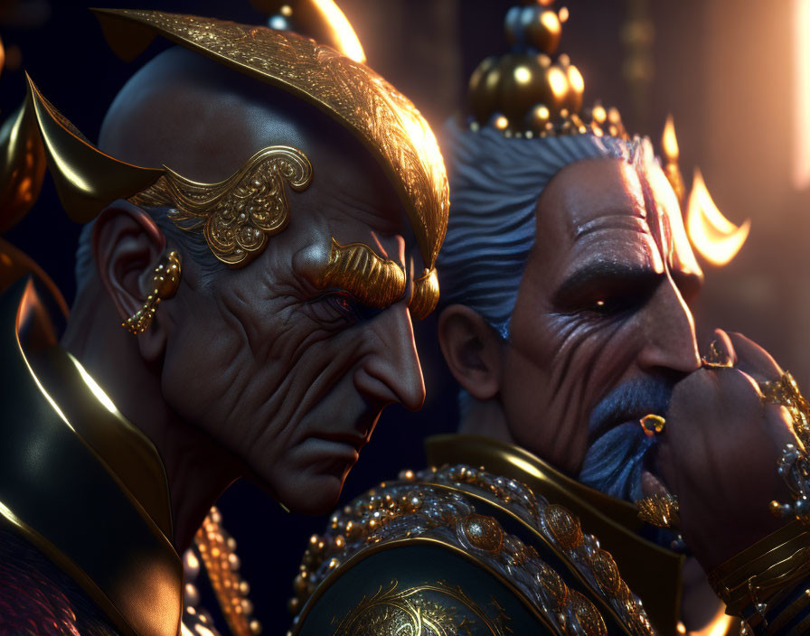 Detailed 3D characters in golden armor whispering against dark backdrop