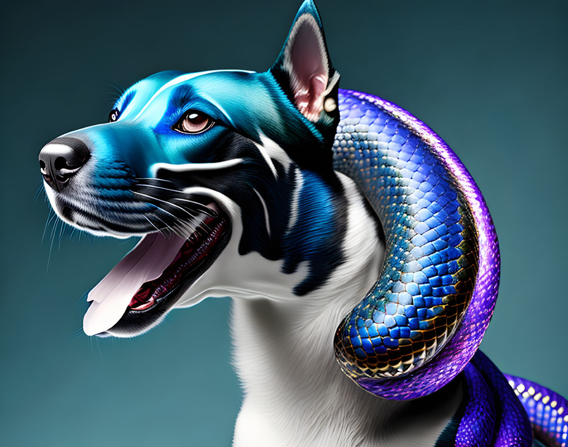 Surreal black and white dog with blue highlights and multicolored snake