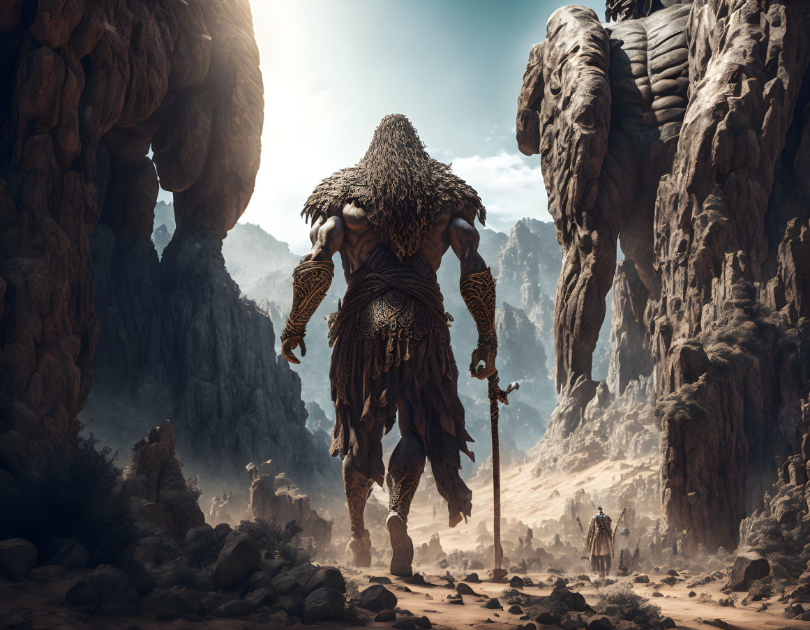 Fantasy scene: Giant stone and root creature with staff, surrounded by towering rock formations under bright sky