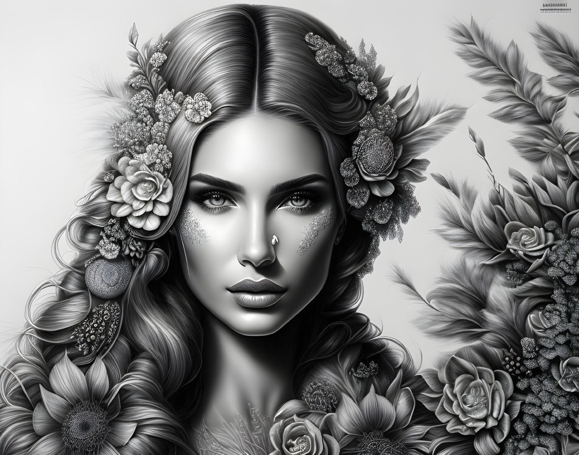 Monochrome digital artwork of a serene woman with floral hair adornments