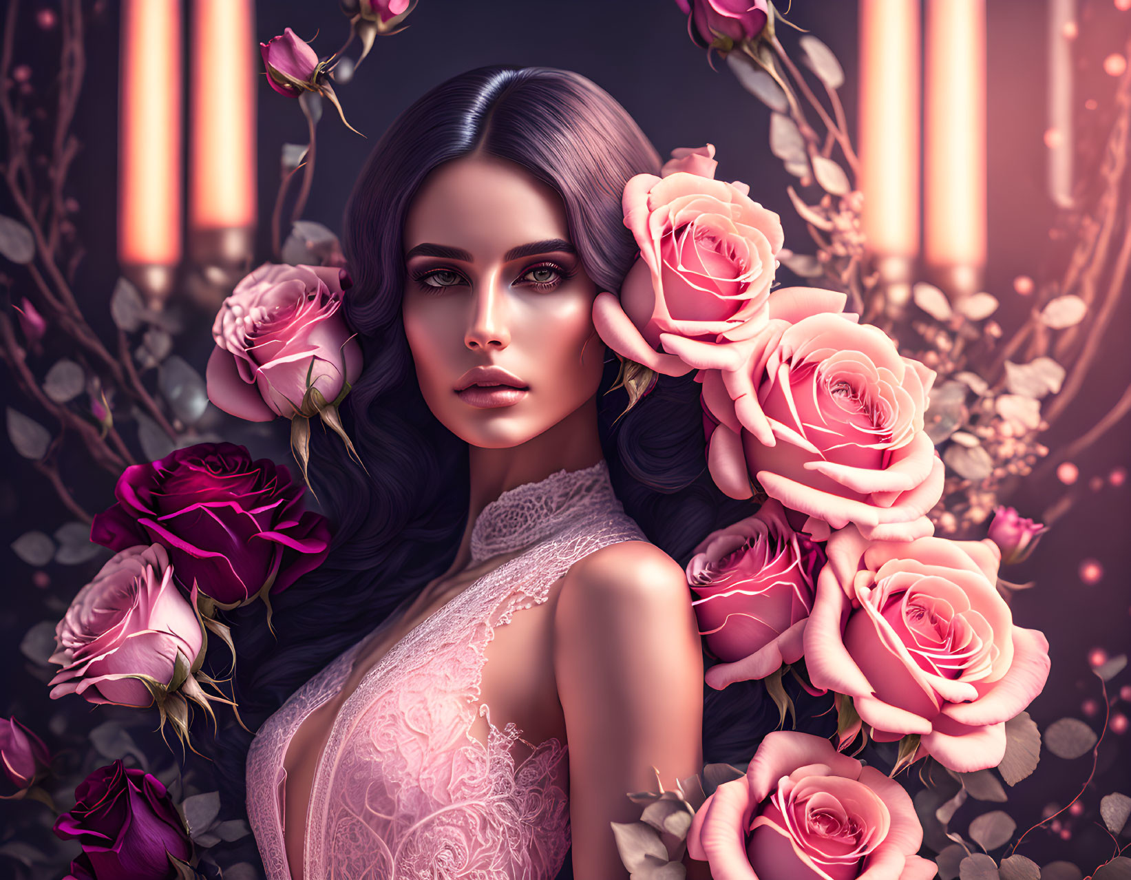 Digital artwork: Woman with dark hair and roses on glowing background