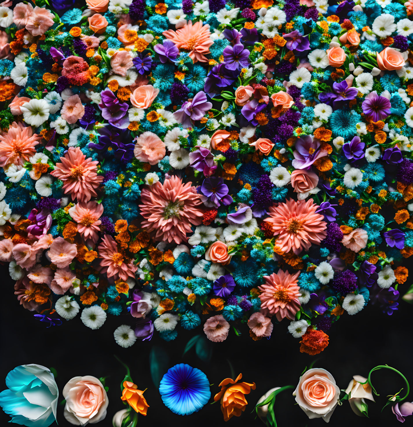 Multicolored roses and daisies tightly arranged on dark background