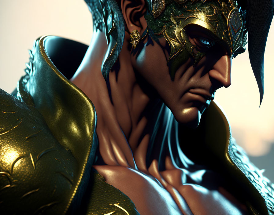 Detailed 3D-rendered male figure with ornate golden mask and armor