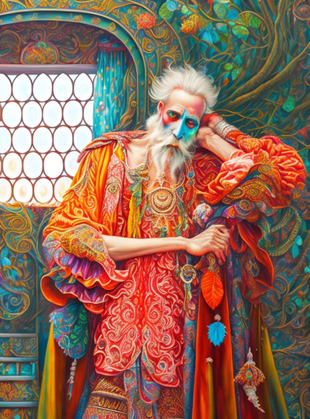 Elderly man in ornate clothing against intricate background