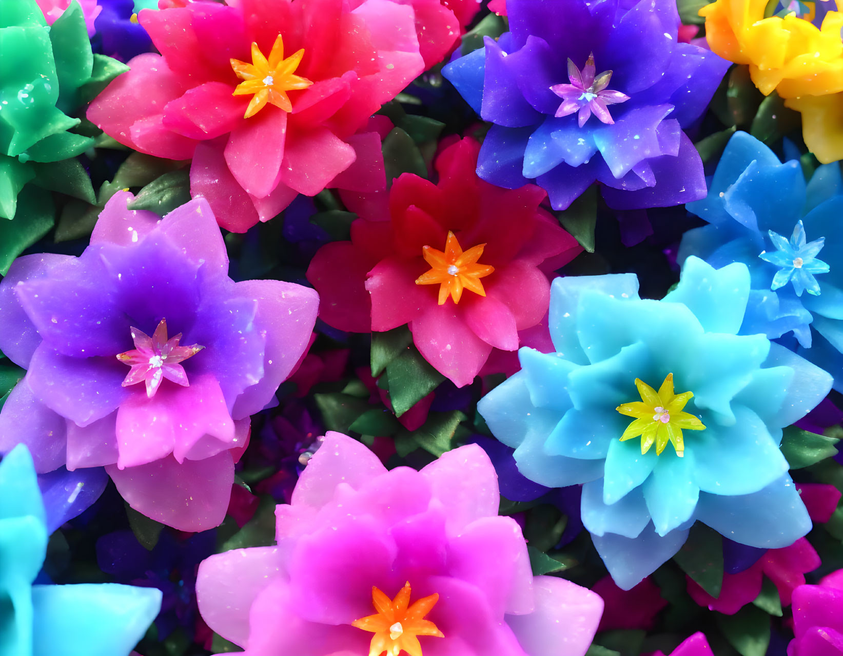 Colorful Artificial Flowers in Pink, Red, Purple, Blue, and Yellow Stamens