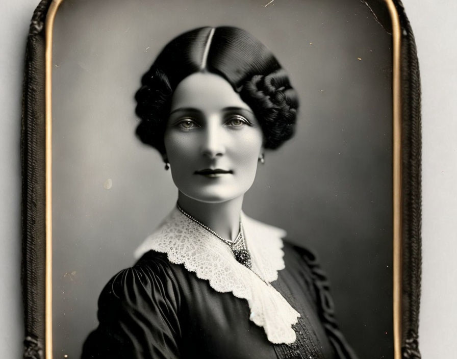 Classic Black-and-White Portrait of Woman in Dark Dress with Lace Collar