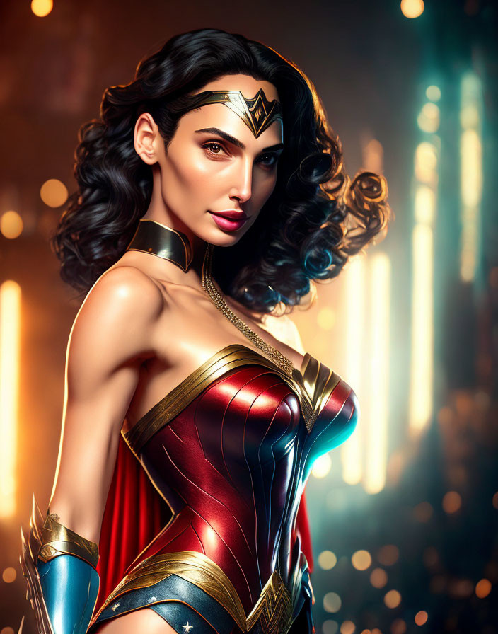 Female superhero portrait in red and gold armor with tiara on golden light background