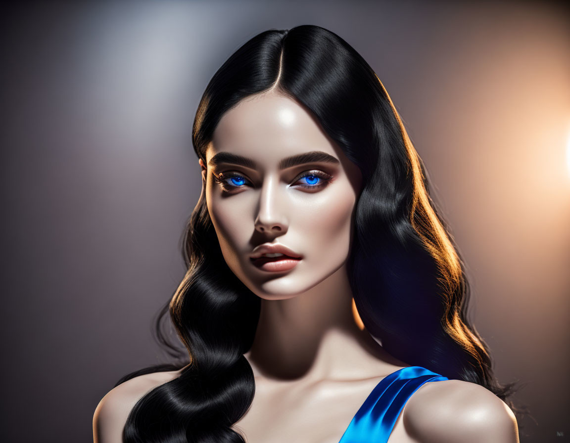 Portrait of woman with blue eyes, long hair, and flawless skin on dark background