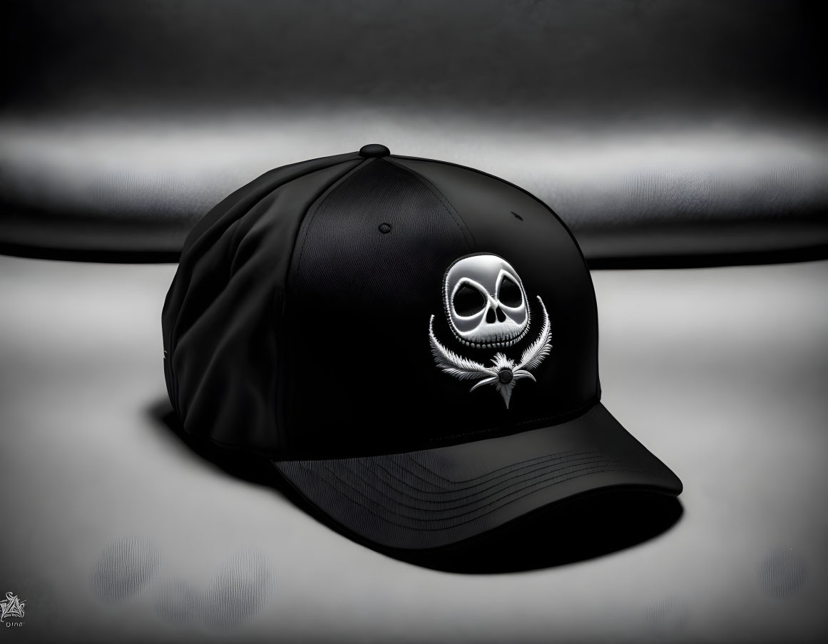 Black Baseball Cap with Silver Jack Skellington Emblem in Grayscale