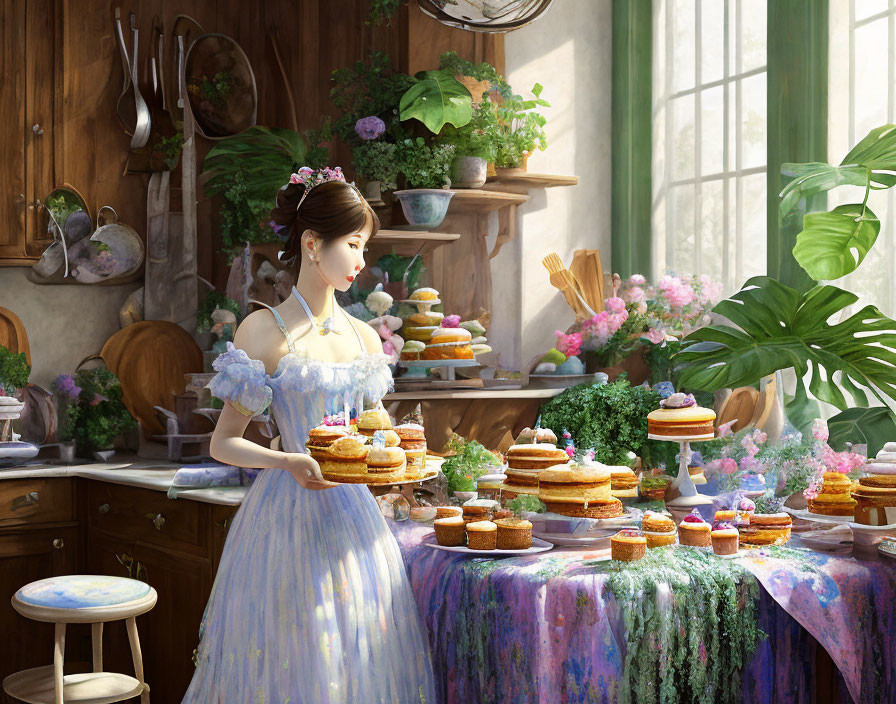 Woman in Pastel Dress in Cozy Kitchen with Desserts and Plants