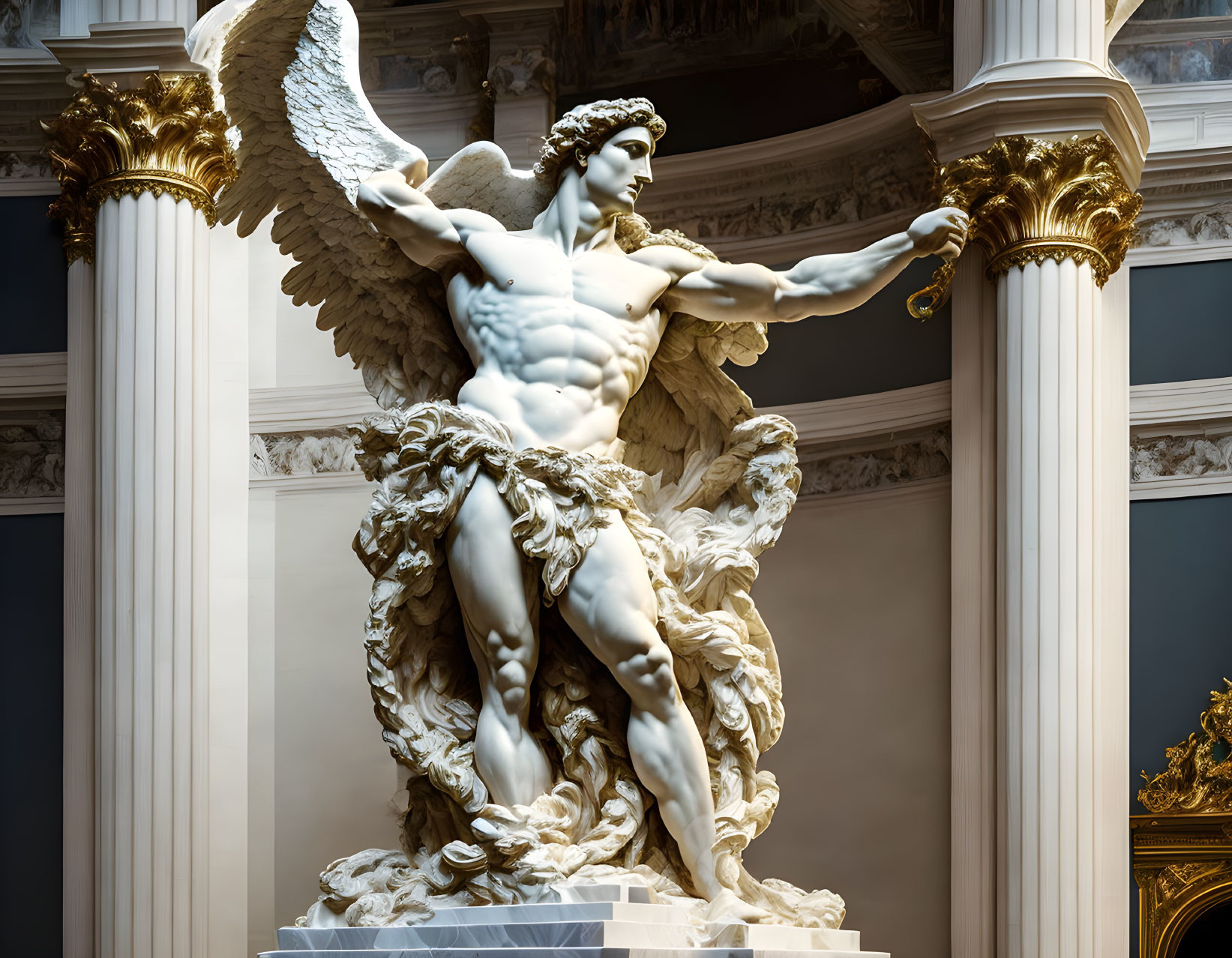 Sculpture of angelic figure with wings and draped cloth against classical columns