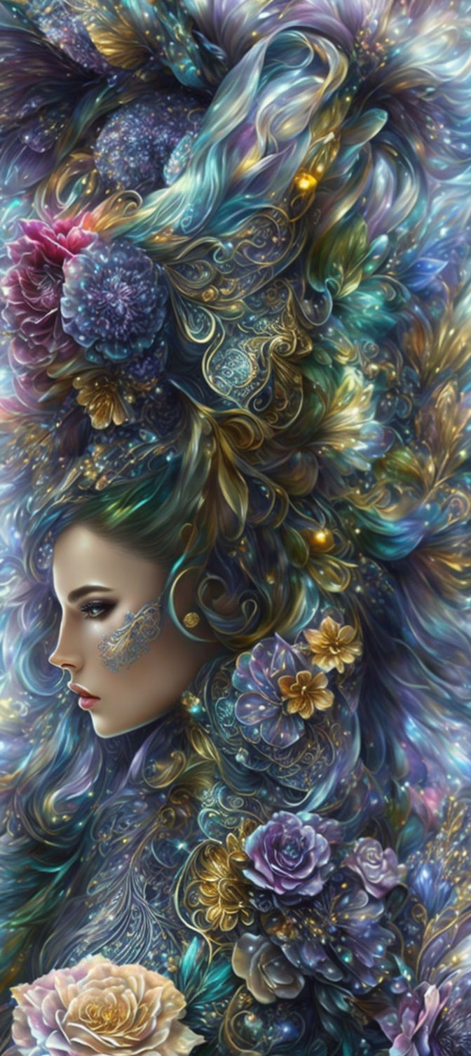 Fantasy-themed digital artwork: Woman with ornate floral hair