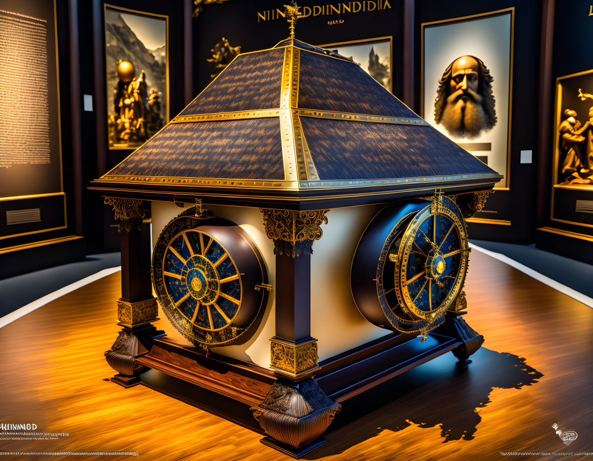 Ornate blue and gold detailed building model in dimly lit room