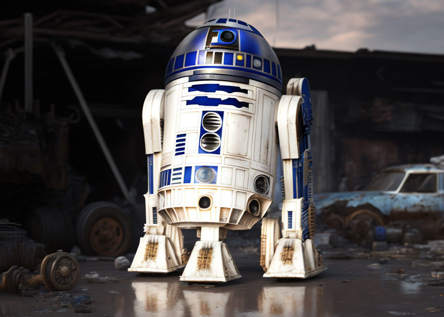 Detailed R2-D2 model in dystopian setting with rusty vehicles and dilapidated structures.