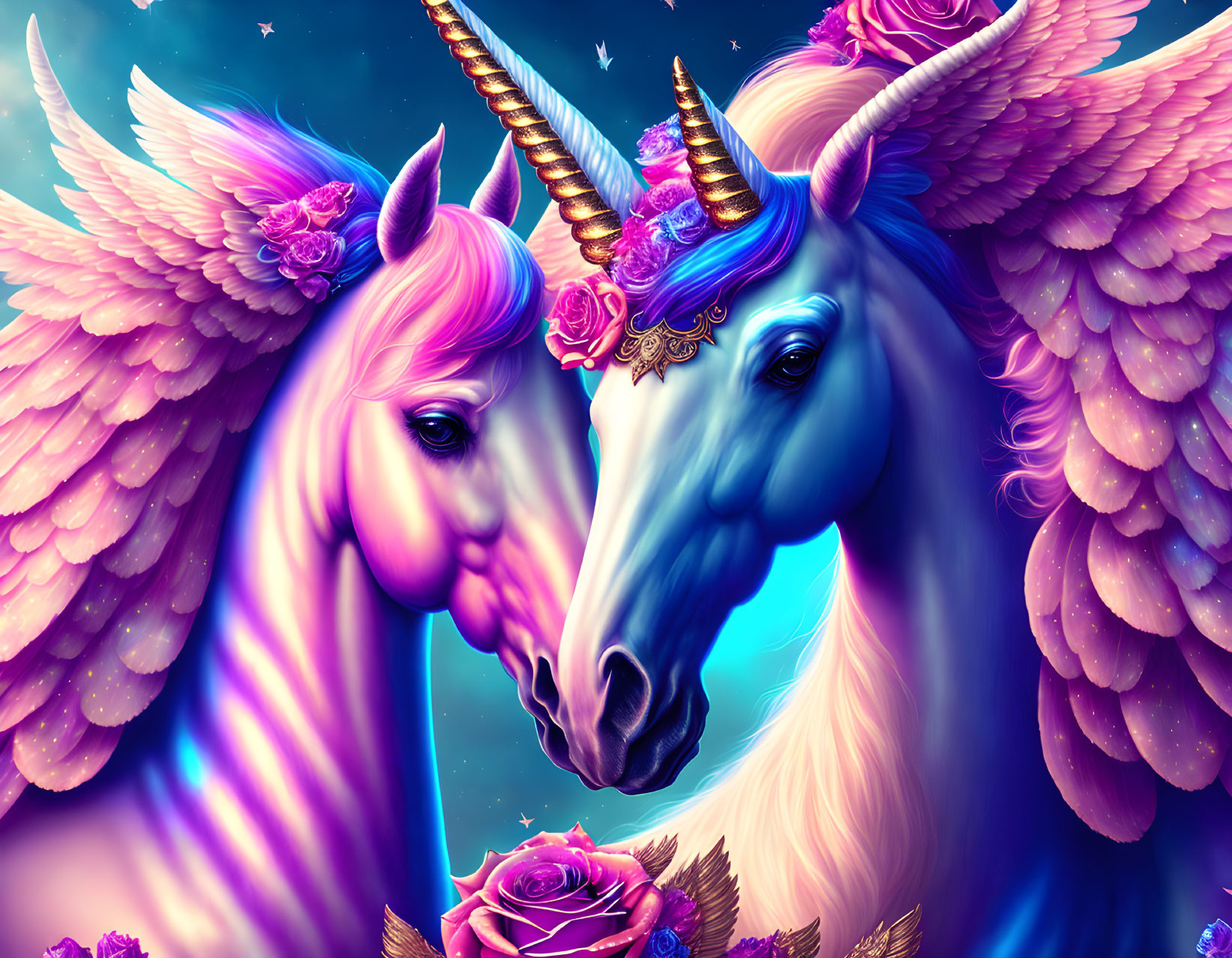 Colorful Winged Unicorns with Horns and Flowers on Celestial Background