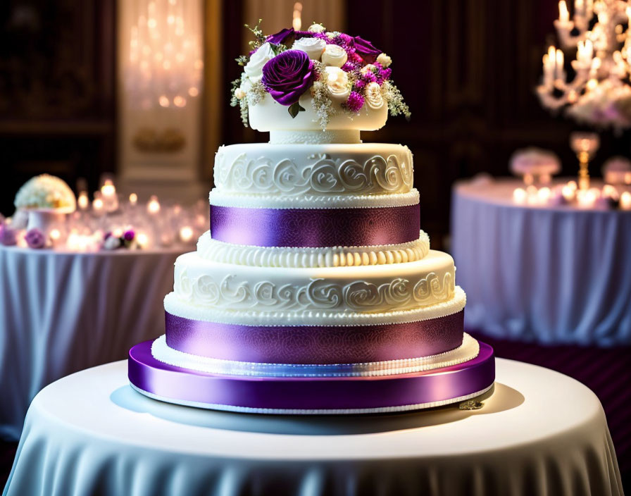 Elegant Three-Tiered Wedding Cake with Purple Ribbon and Floral Topper