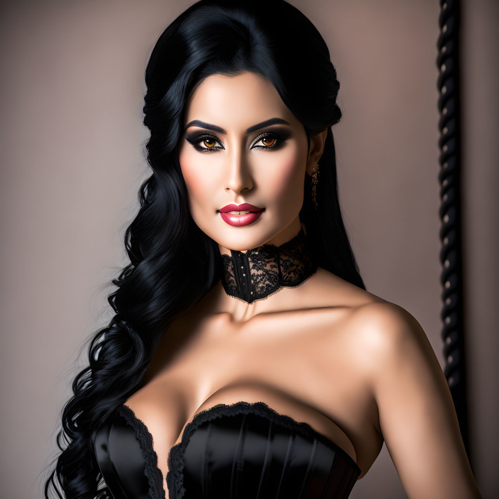 Illustration: Woman with Long Black Hair, Smokey Eye Makeup, Red Lipstick, Black