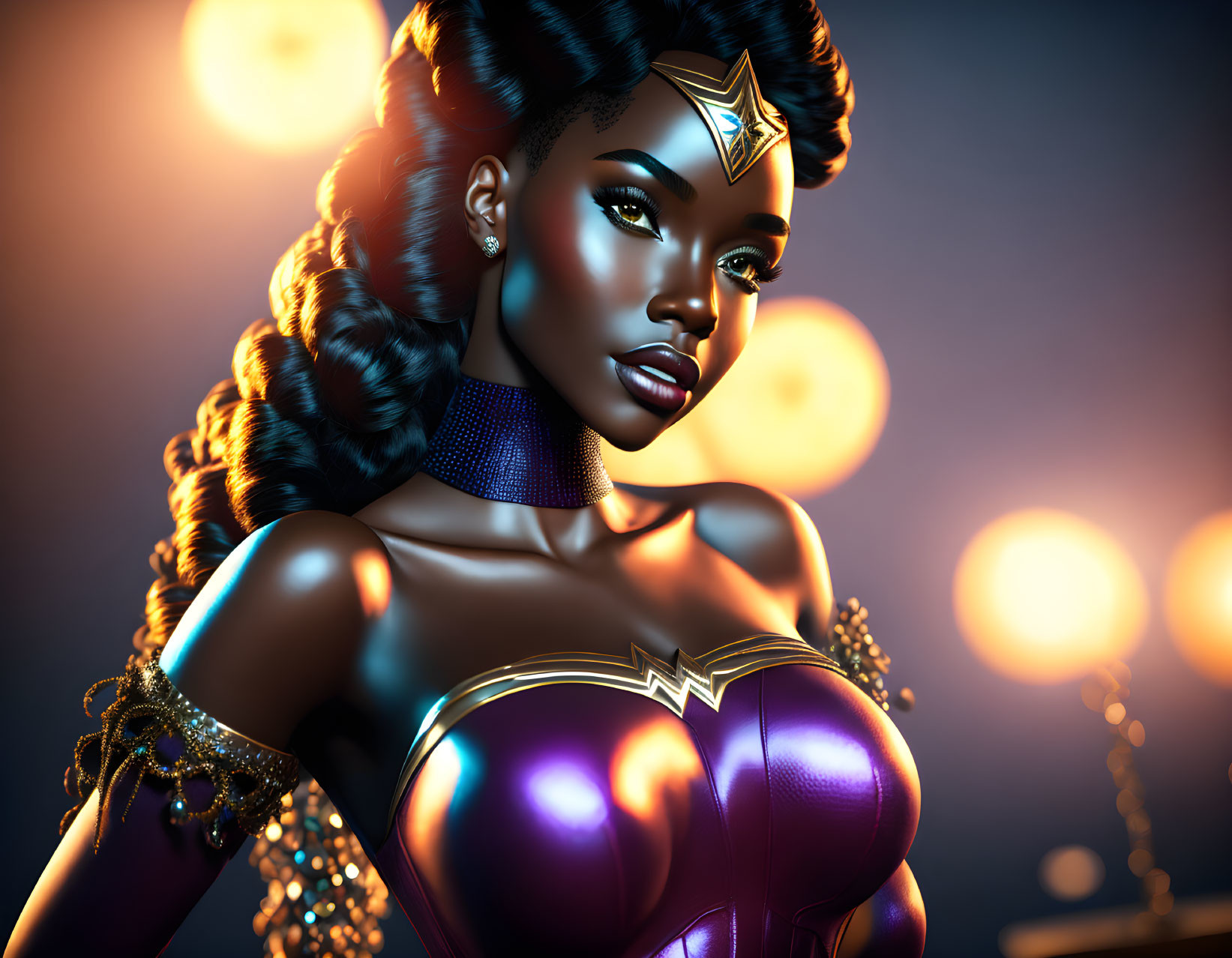 Stylized female superhero illustration with metallic suit and glowing background