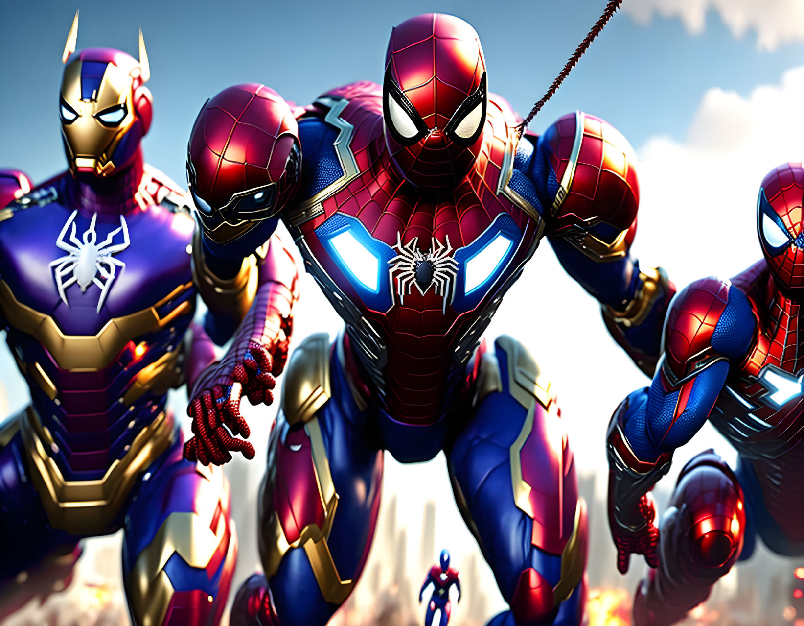 Multiple Spider-Man suits in dynamic action under clear sky