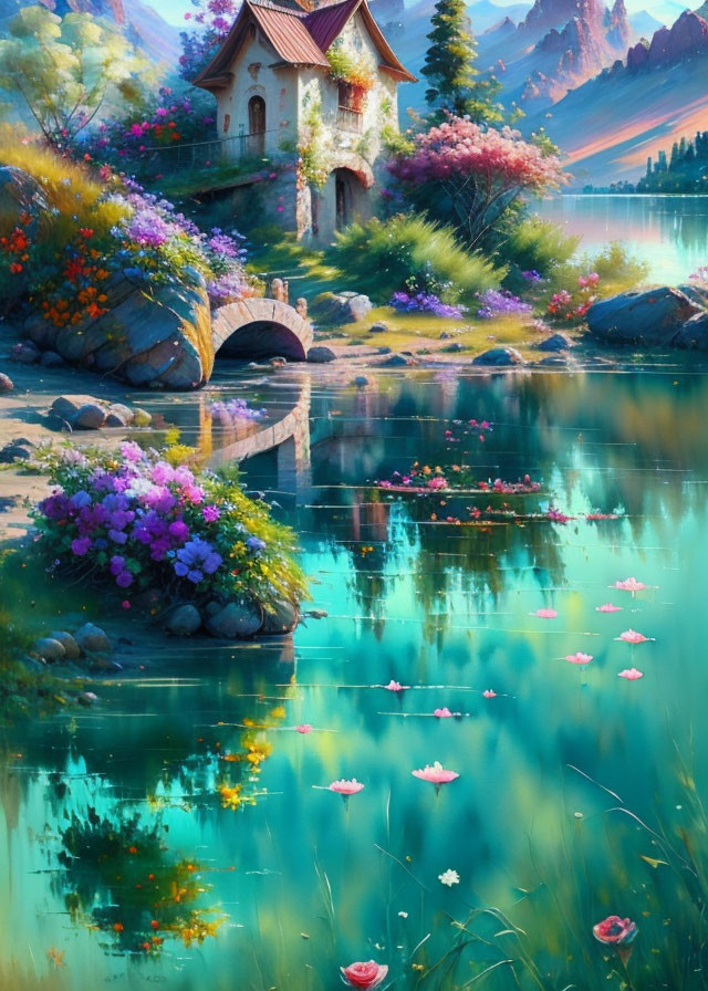 Colorful Landscape: Serene Lake, Stone Cottage, Lush Flora