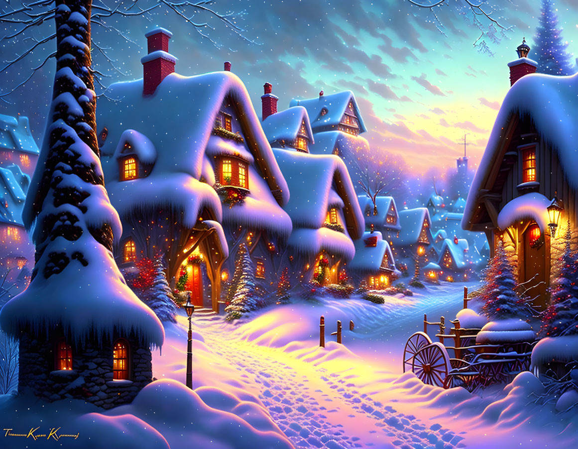 Snowy village with cozy homes and lantern-lit path at twilight