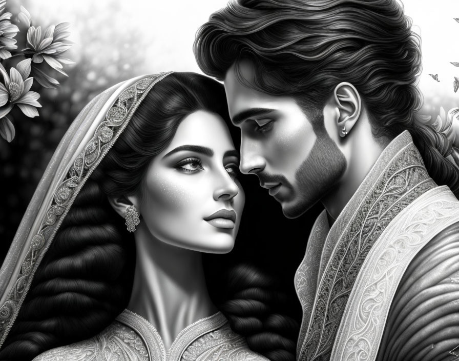 Monochrome traditional South Asian couple illustration with floral backdrop