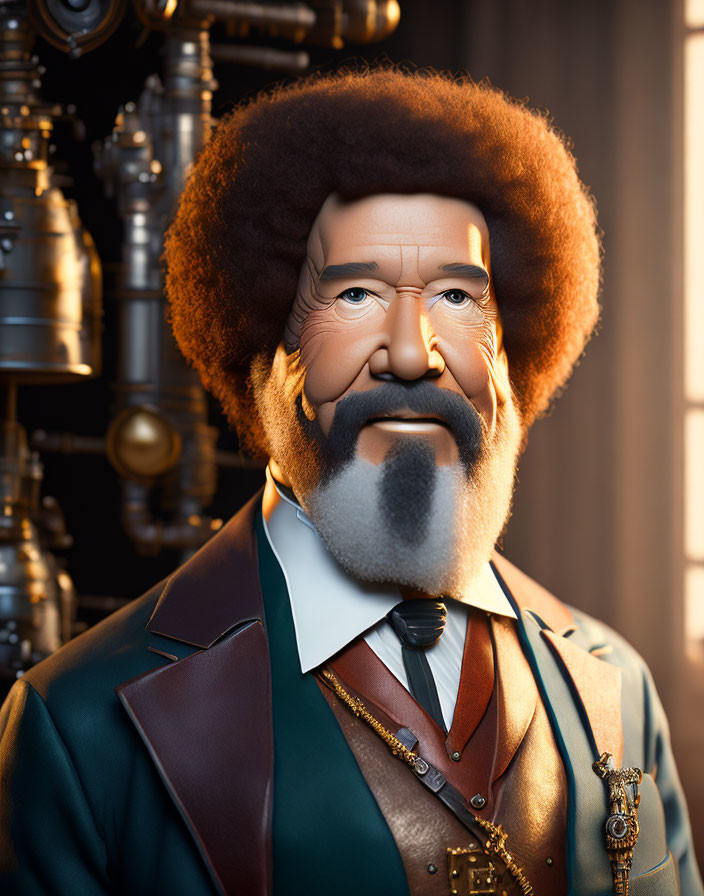 Distinguished gentleman with afro, mustache, and beard in green jacket - 3D illustration