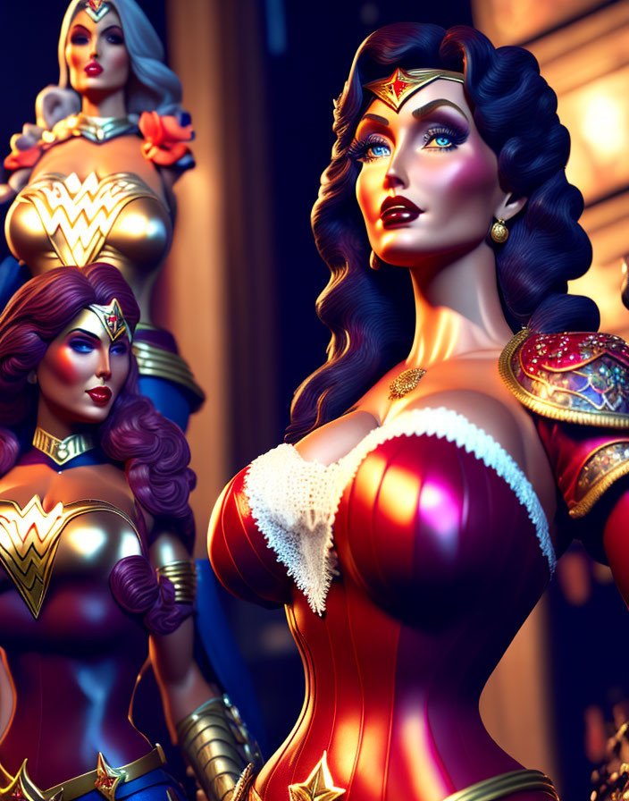 Stylized 3D illustration of three Wonder Woman figures in heroic poses