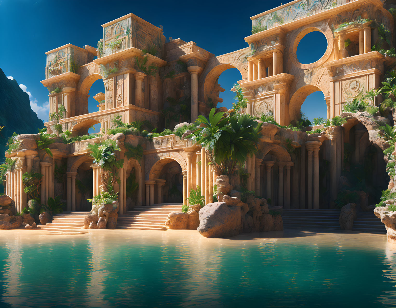 Digital art: Ancient sunlit palace with overgrown vegetation on serene waterfront