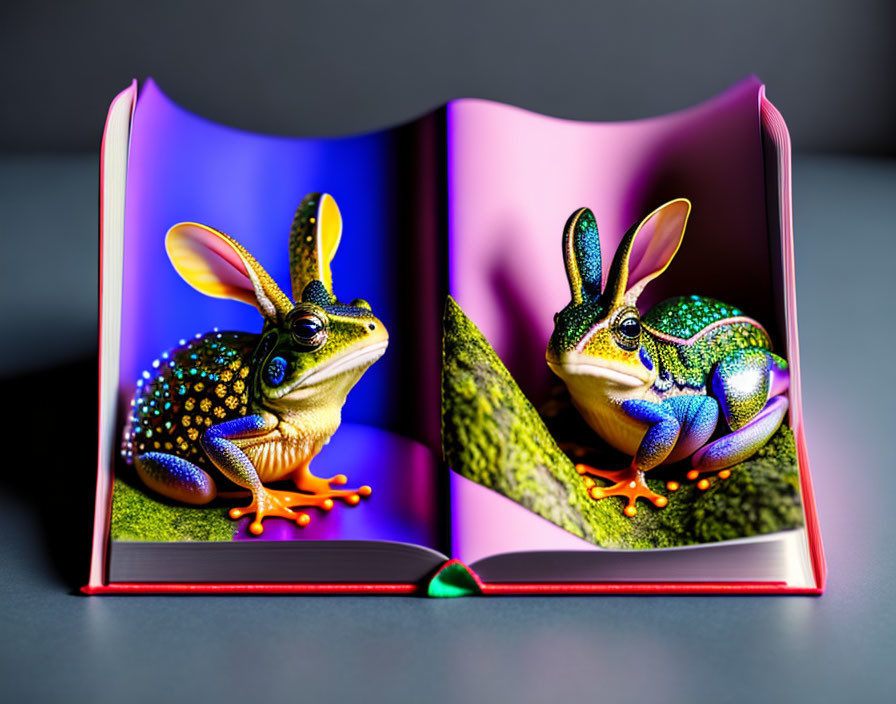 Vibrant realistic illustrations of colorful frogs in open book