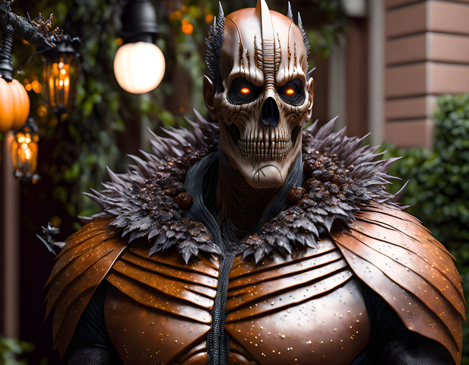 Elaborate skull mask and textured armored costume in warm ambient setting