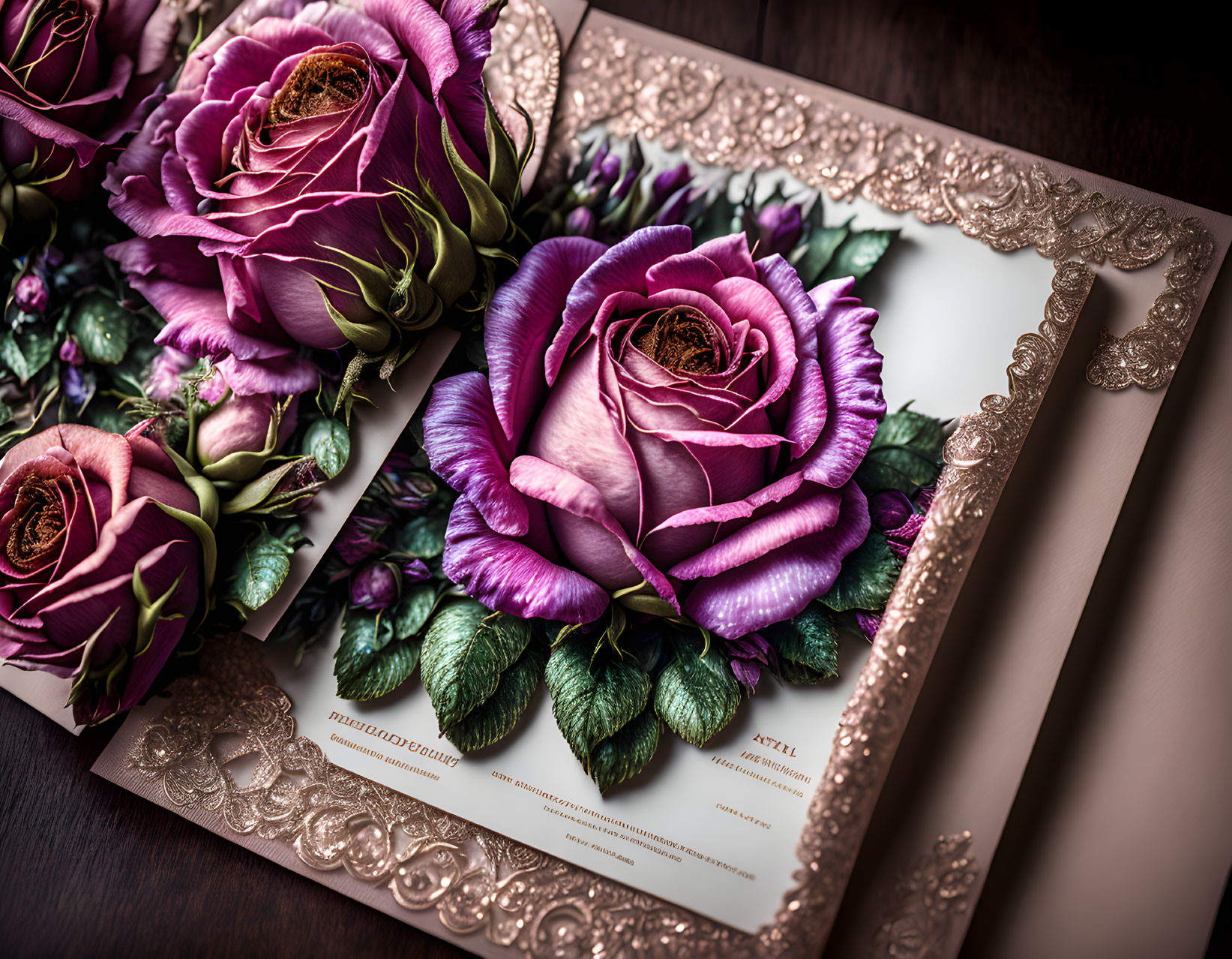 Vibrant purple roses print on wooden surface with embossed frame