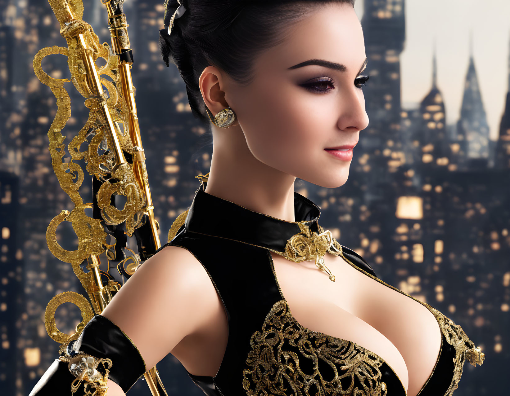 Elaborate Gold and Black Dress on Elegant Figure