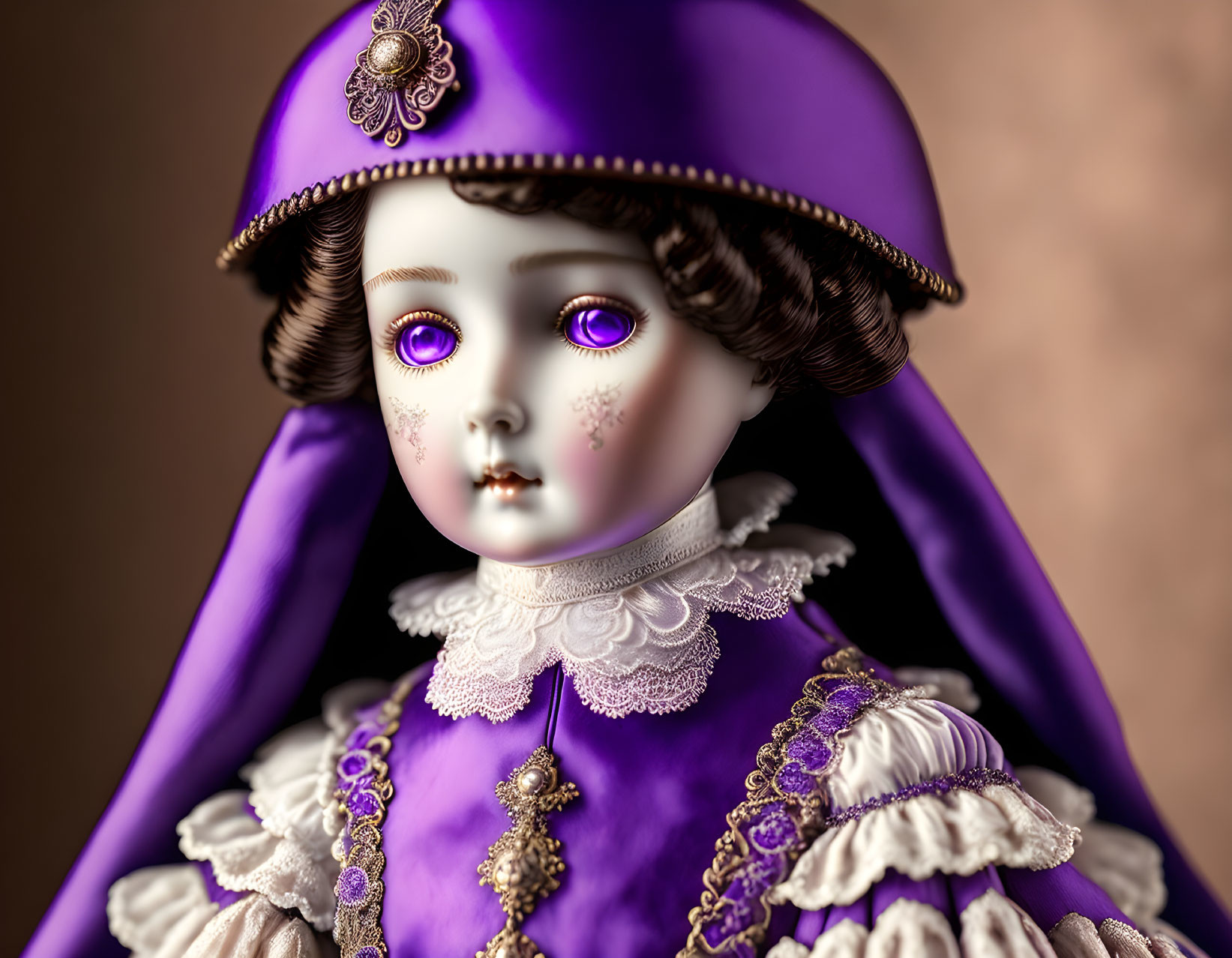 Porcelain doll with purple eyes in intricate dress and bonnet