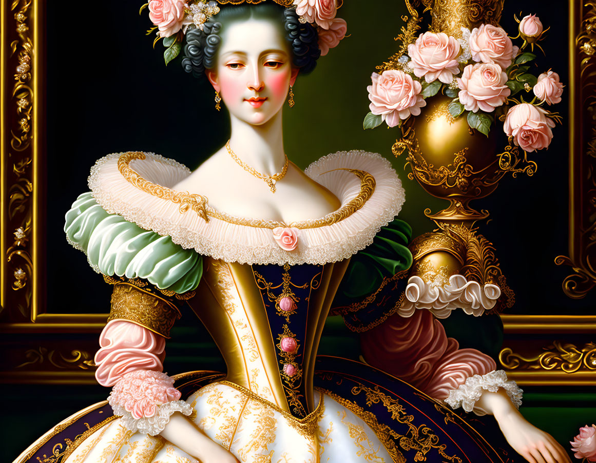 Vintage Portrait of Woman in Opulent Dress with Roses and Lace Collar