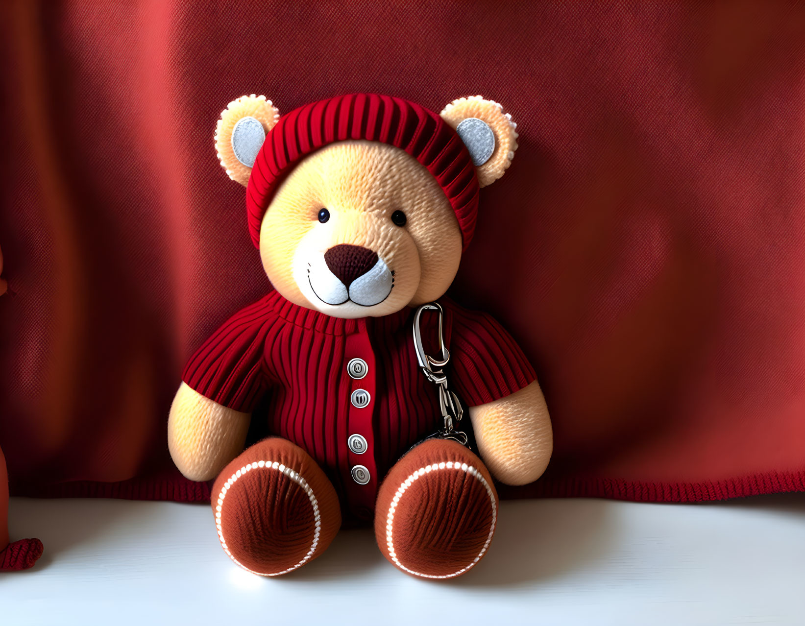 Red and Black Striped Teddy Bear Plush in Overalls and Beanie