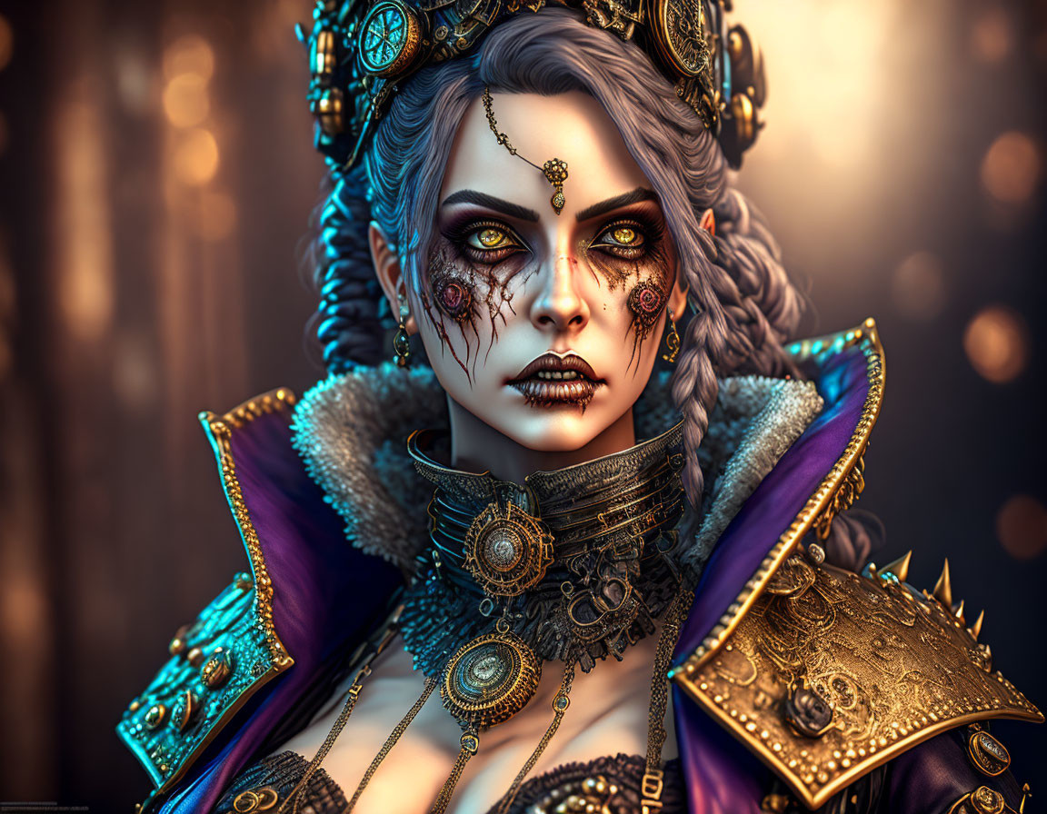 Fantasy character with steampunk accessories and regal expression