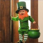 Grinning leprechaun with green hat, suit, cane, and pot of gold by wooden