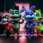 Colorful Neon-Lit Room with Party Hat-Wearing Anthropomorphic Animals