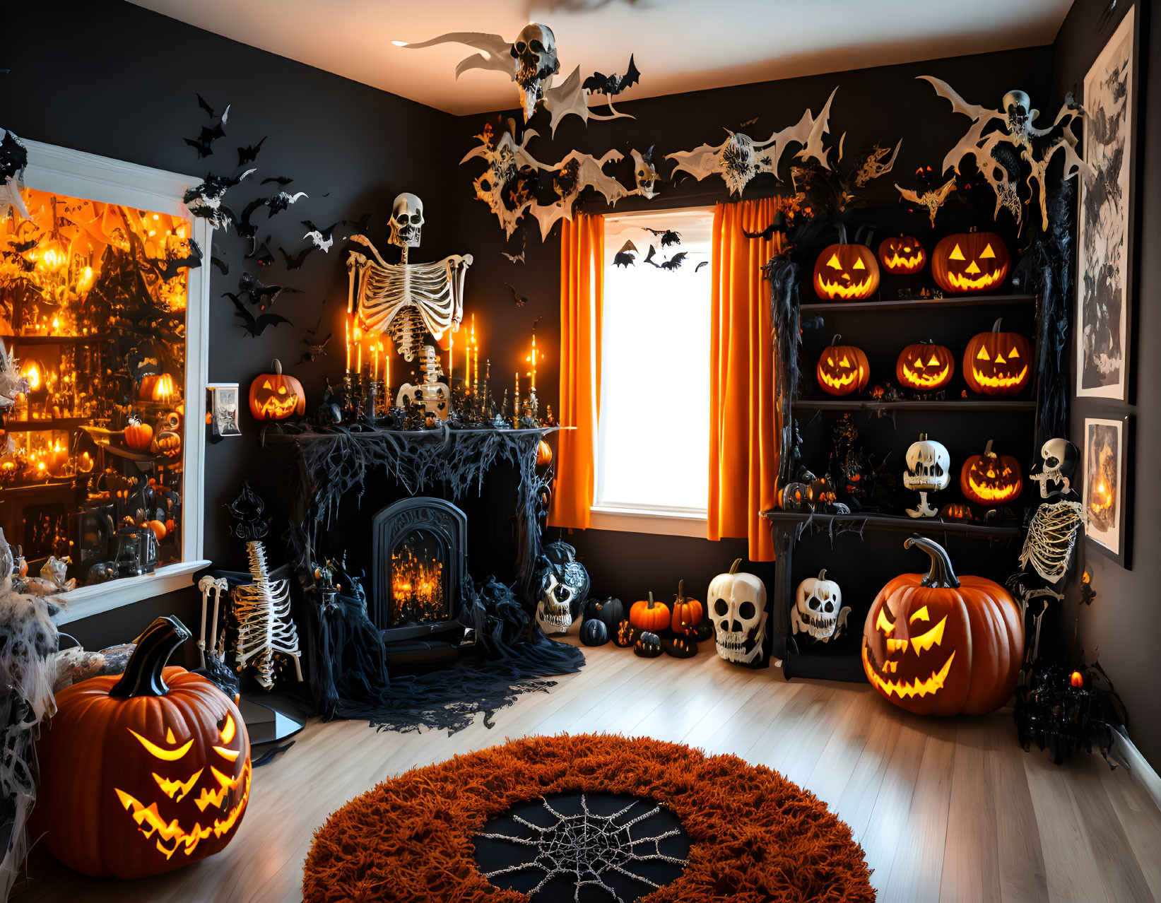 Room Decorated with Halloween Theme: Carved Pumpkins, Skeletons, Bats, Cobwebs