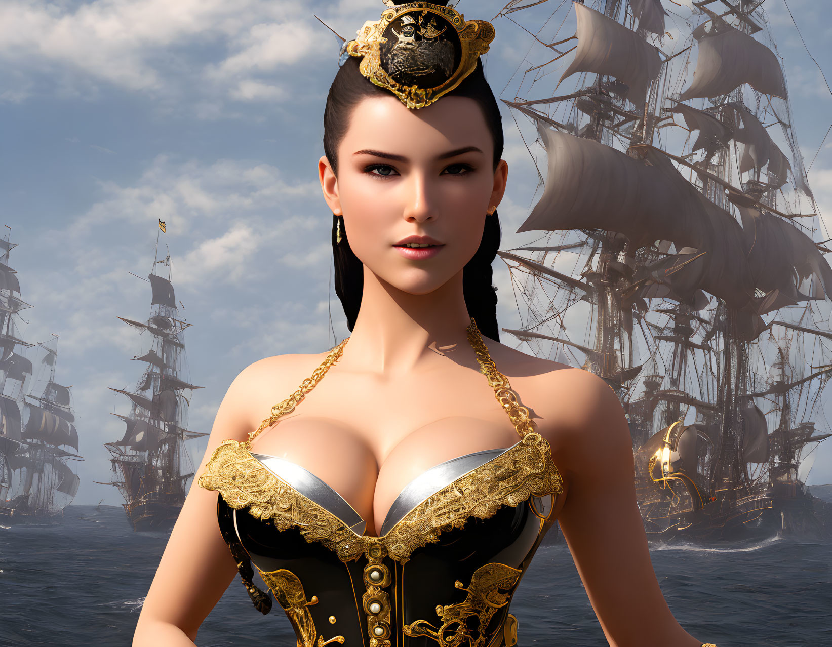 3D rendering of woman in black corset and naval hat with tall ships on the sea