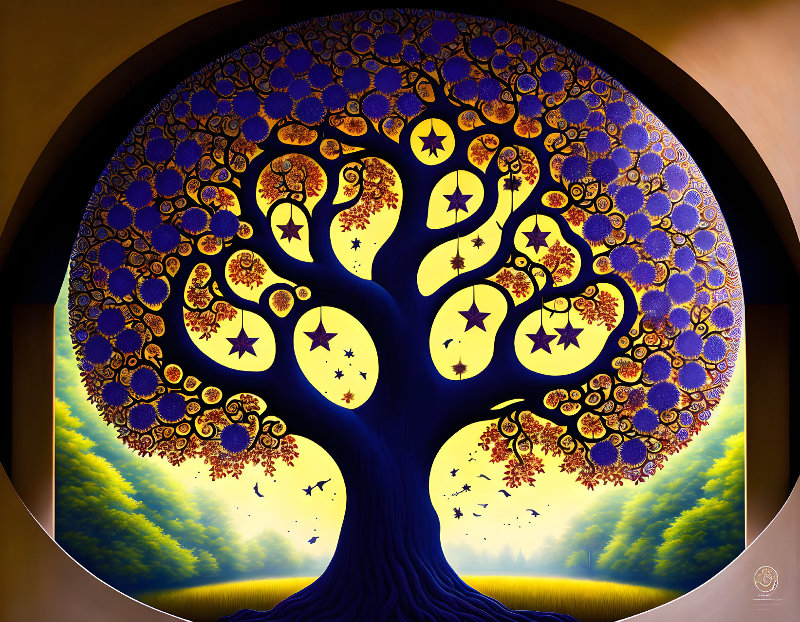 Colorful circular artwork of stylized tree with blue and golden leaves on green landscape.